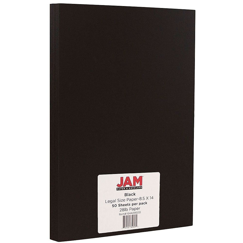 JAM Paper Legal Matte 8.5" x 14" Multipurpose Paper, 28 lbs., Black, 50 Sheets/Pack (64429500)