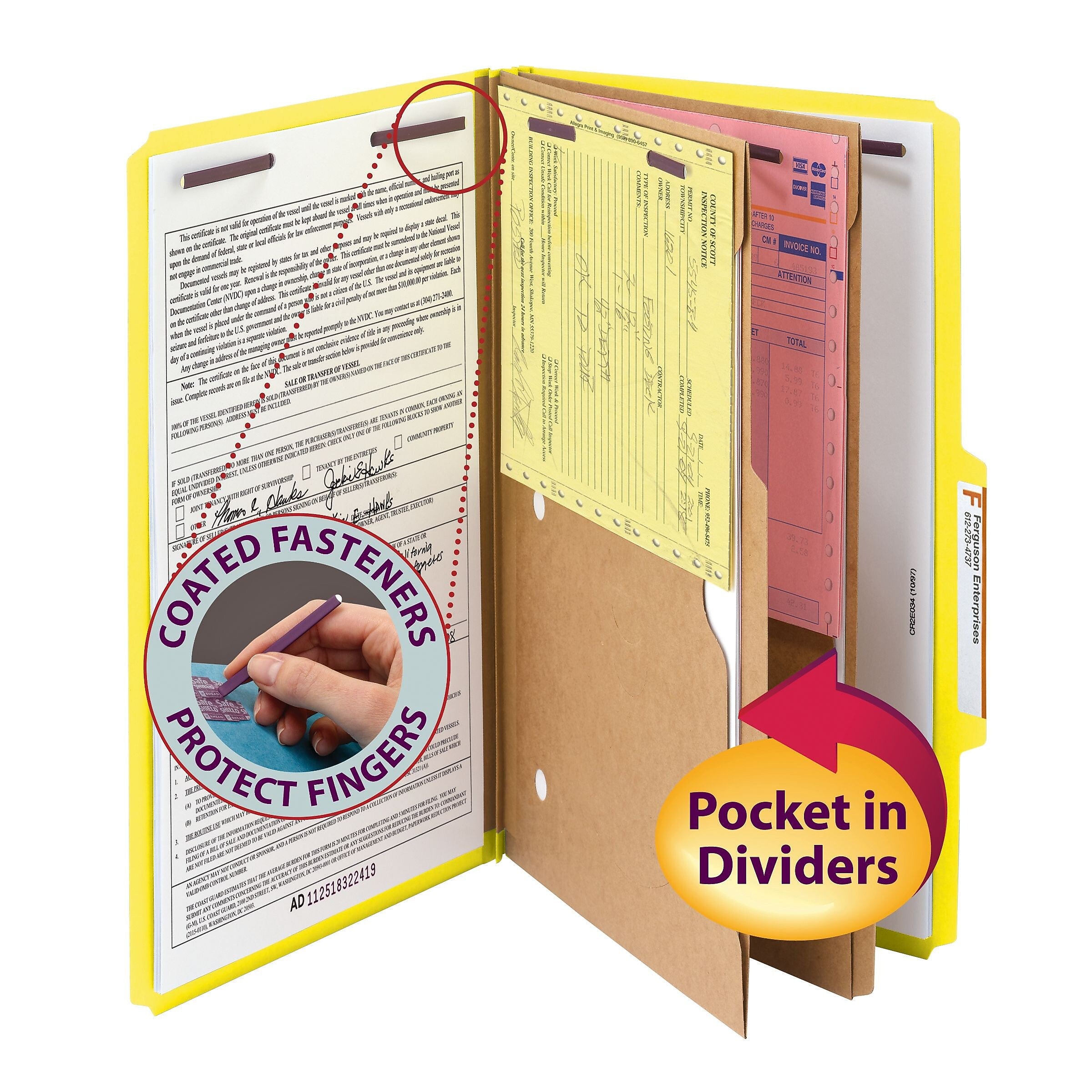 Smead Pressboard Classification File Folder w/Wallet Divider and SafeSHIELD Fasteners, 2" Exp., Legal, Yellow, 10/Box (19084)