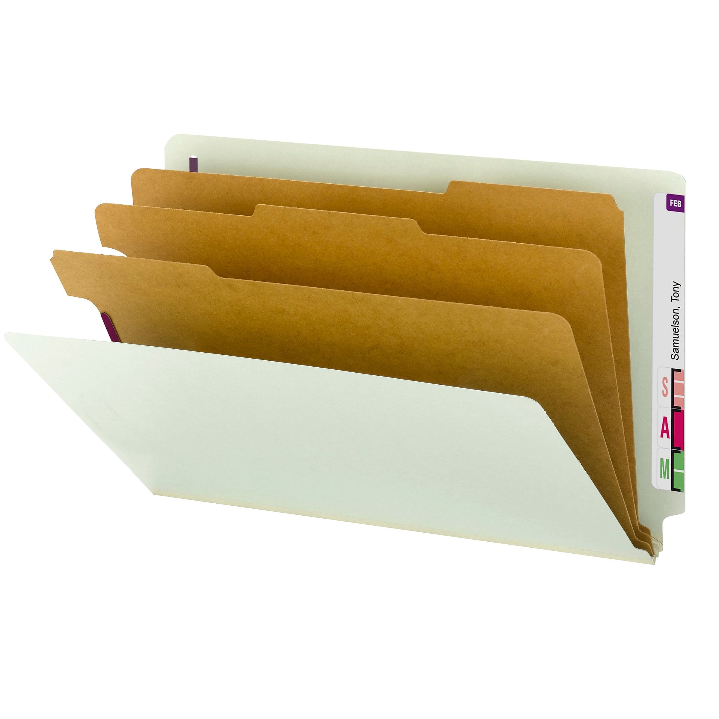 Smead 50% Recycled EndTab Pressboard Classification Folder, 3 Divider, 3" Expansion, Legal, Gray/Green, 10/Box