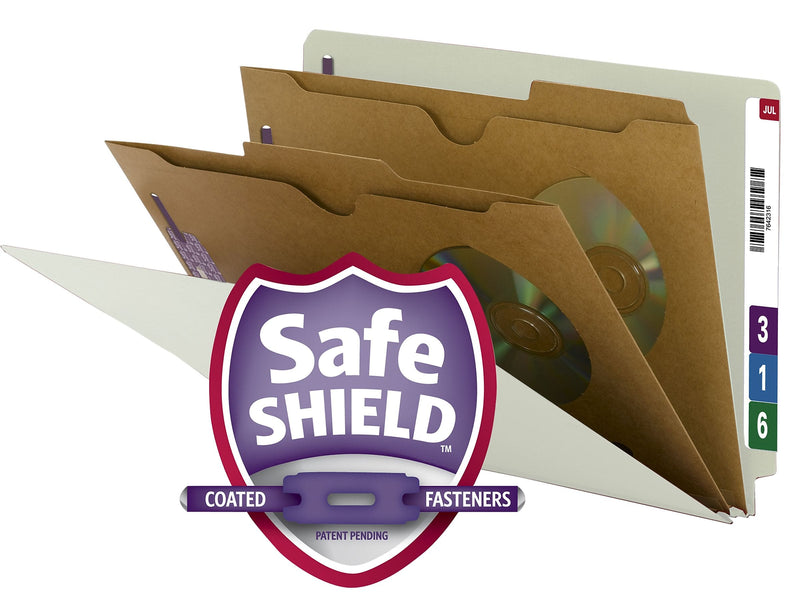 Smead 60% Recycled SafeSHIELD End Tab Classification Folder, 2-Dividers, 2" Expansion, Legal Size, Gray/Green, 10/Box (29710)