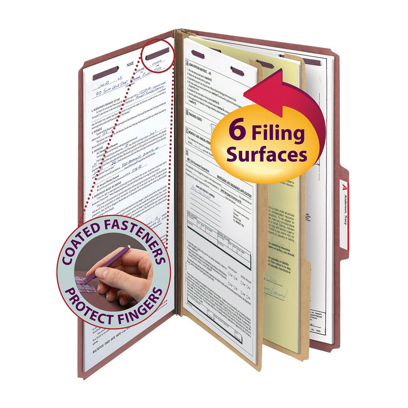 Smead SafeSHIELD 60% Recycled Heavy Duty Pressboard Classification Folder, 2-Dividers, 2" Expansion, Legal Size, Red, 10/Box