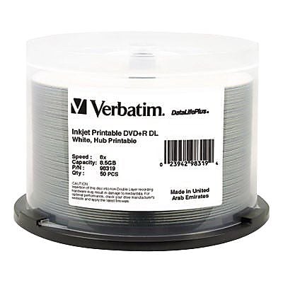 Verbatim DataLifePlus 98319 8x DVD+R, White Hub, Inkjet Printable, 50/Pack