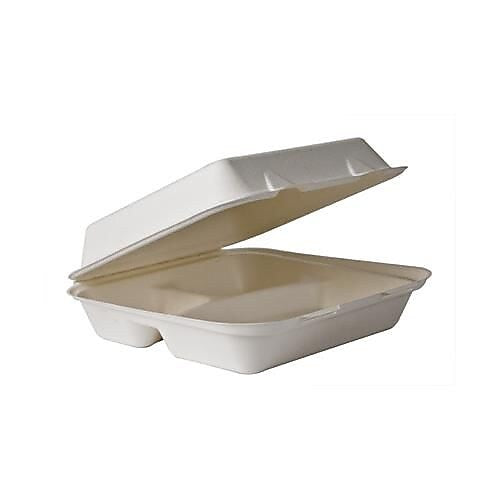 Eco-Products 3-Compartment Soak Proof Sugarcane Clamshells, 9 " L x 9" W, White, 200/Pack (EP-HCL93)