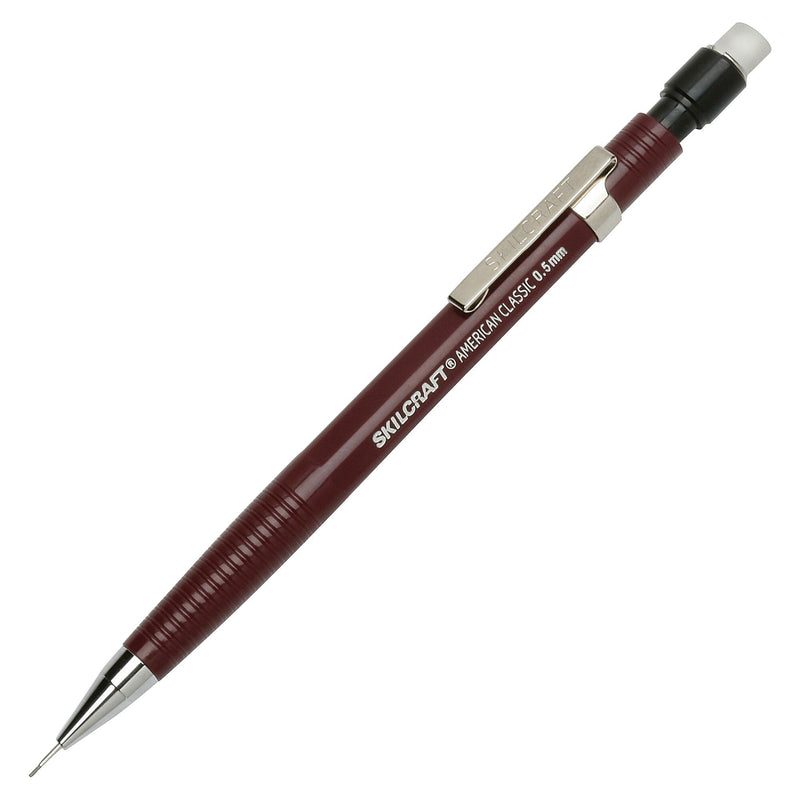 AbilityOne SKILCRAFT Push Action Mechanical Pencil, 0.5 mm Lead Diameter, Refillable, Burgundy Plastic Barrel, 12/Dozen