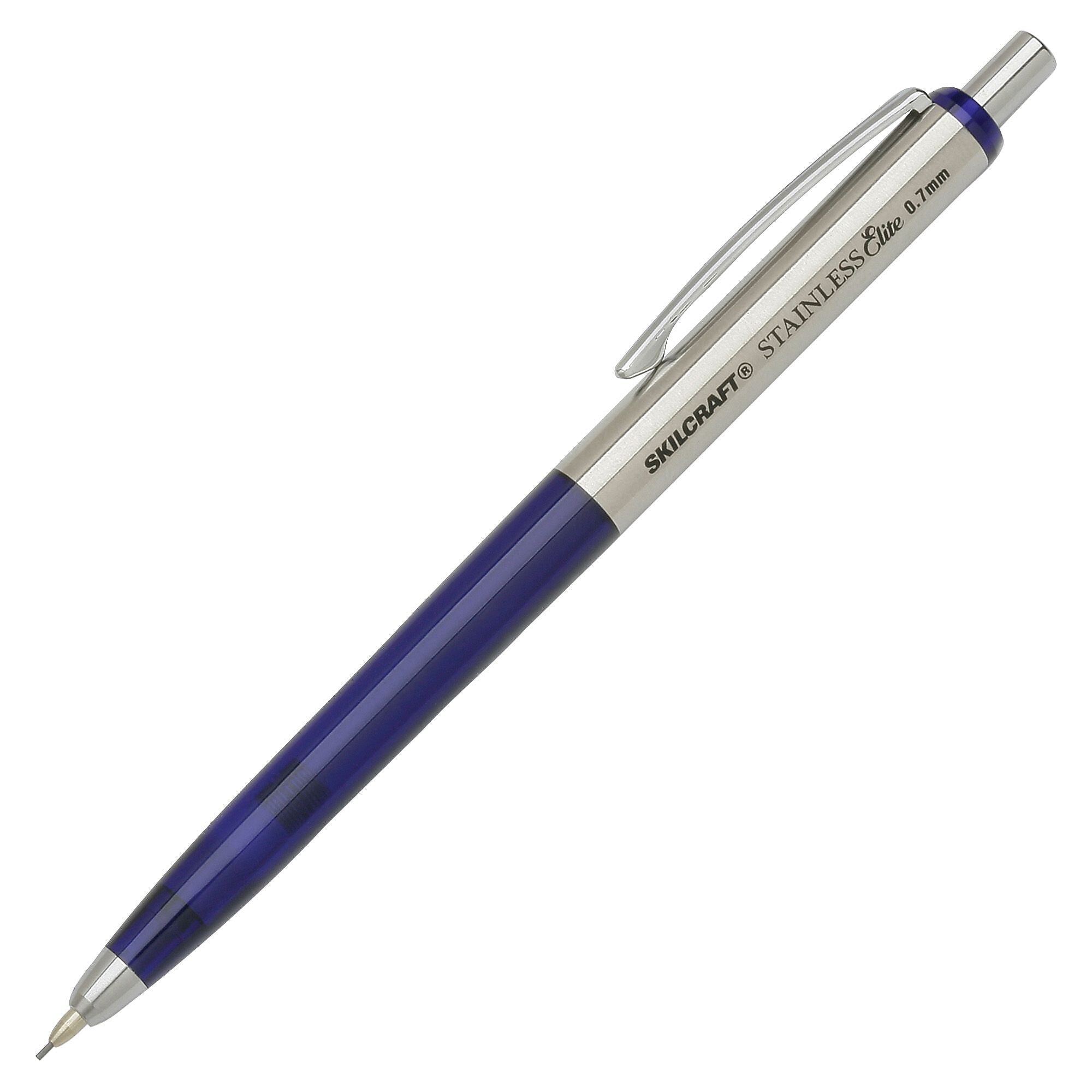 AbilityOne SKILCRAFT .7mm Mechanical Pencil, 0.7 mm Lead Diameter, Refillable, Blue Stainless Steel, Plastic Barrel, 3/Pack