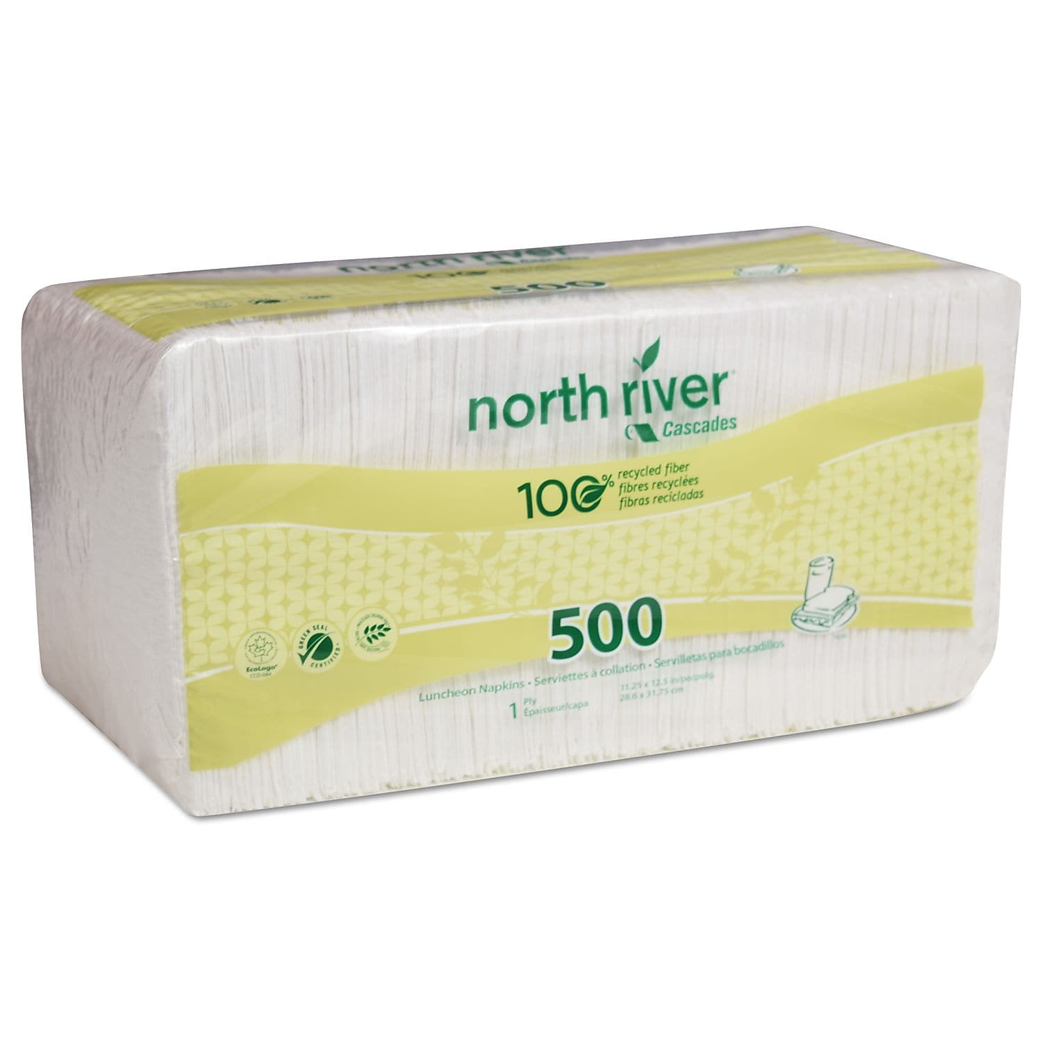 Cascades North River Luncheon Napkins, 1 Ply, 11 1/4 X 12 1/2, White, 500/pk, 6000/crtn