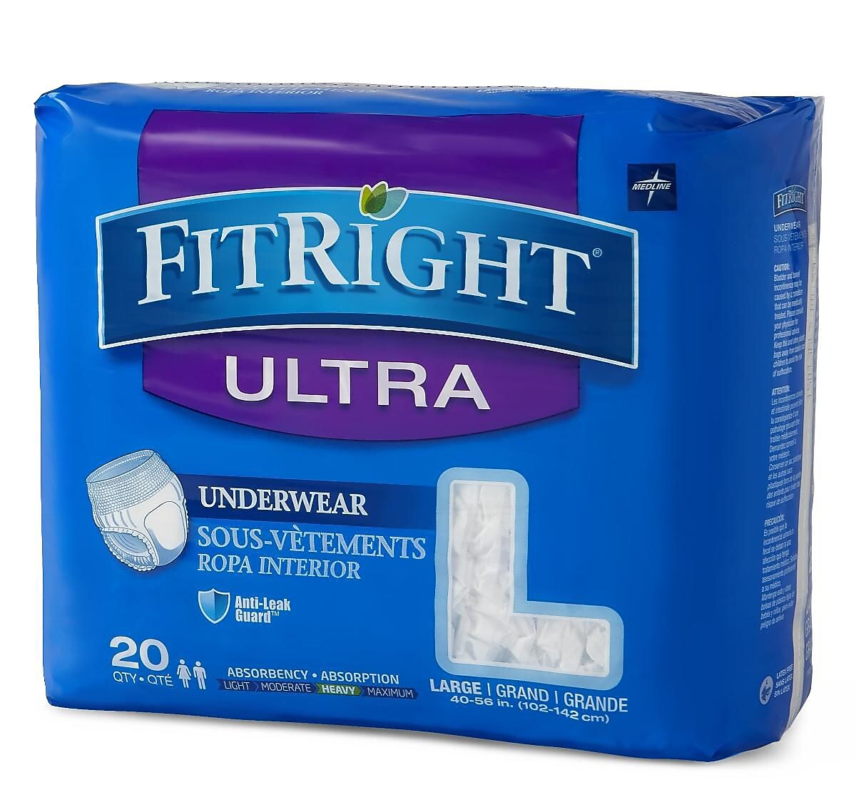 Medline FitRight Ultra Protective Underwear , Large , 40"-56" , 20/Bag (FIT23505A)