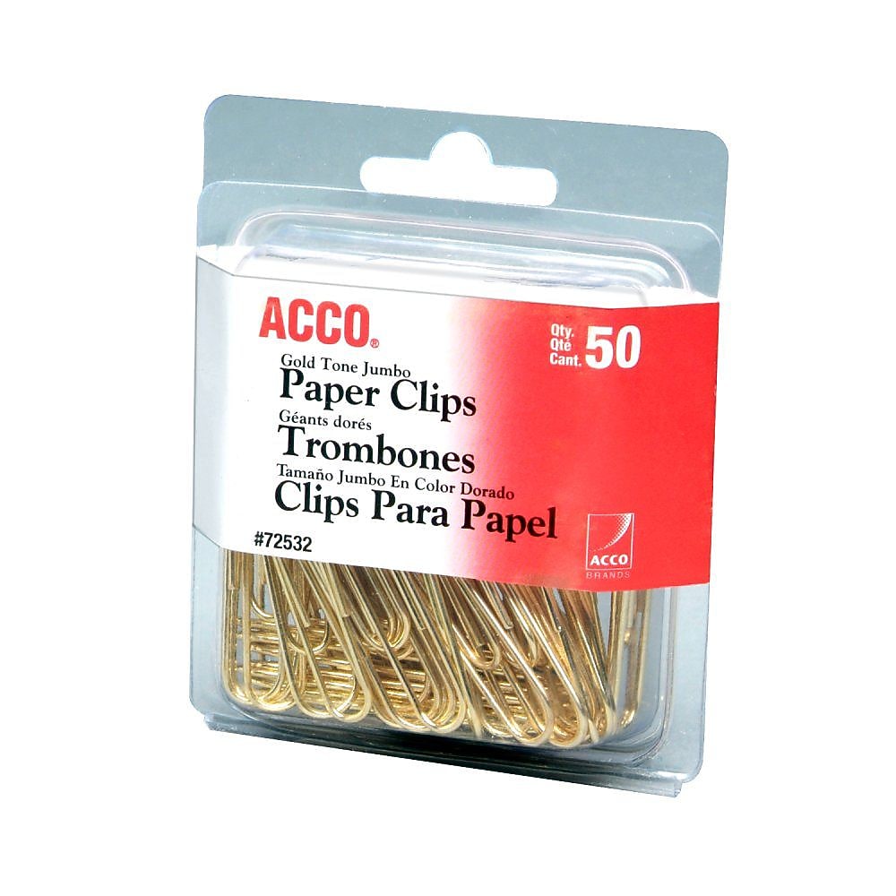 ACCO Gold Tone Jumbo Paper Clips, .13" Capacity, Gold, 50 Clips/Pack (A7072532)