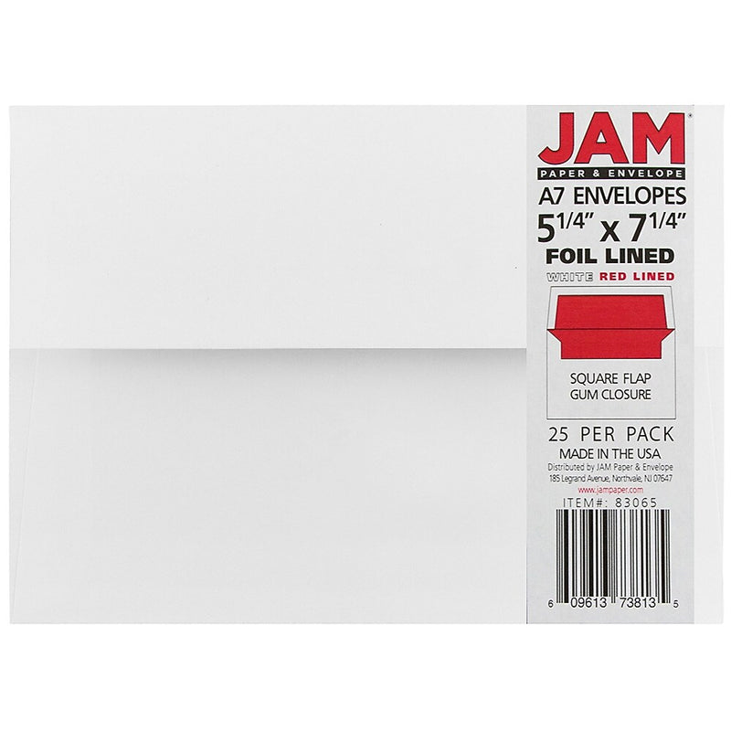JAM Paper A7 Foil Lined Invitation Envelopes, 5.25 x 7.25, White with Red Foil, 25/Pack (83065)