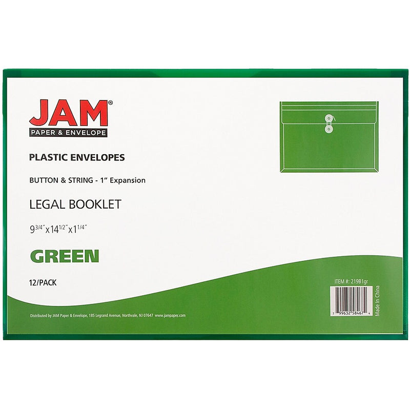 JAM Paper® Plastic Envelopes with Button and String Tie Closure, Legal Booklet, 9.75 x 14.5, Green, 12/Pack (219B1GR)