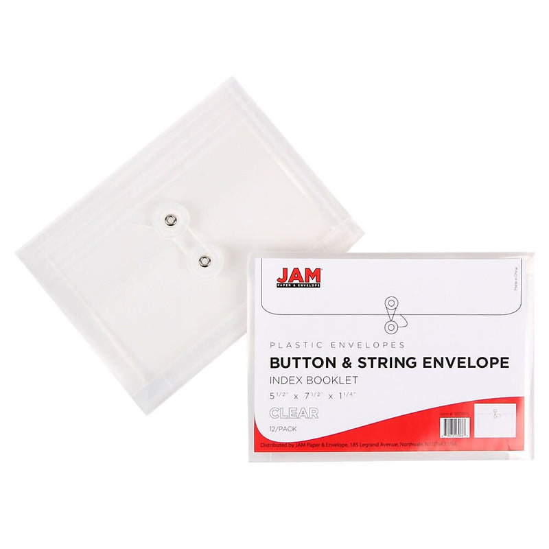 JAM Paper® Plastic Envelopes with Button and String Tie Closure, Index Booklet, 5.5 x 7.5, Clear, 12/Pack (920B1CL)