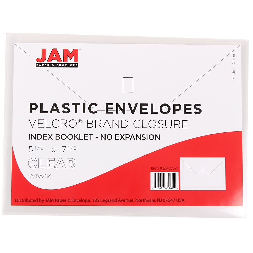 JAM Paper® Plastic Envelopes with Hook & Loop Closure, Index Booklet, 5.5 x 7.5, Clear, 12/Pack (920V0CL)