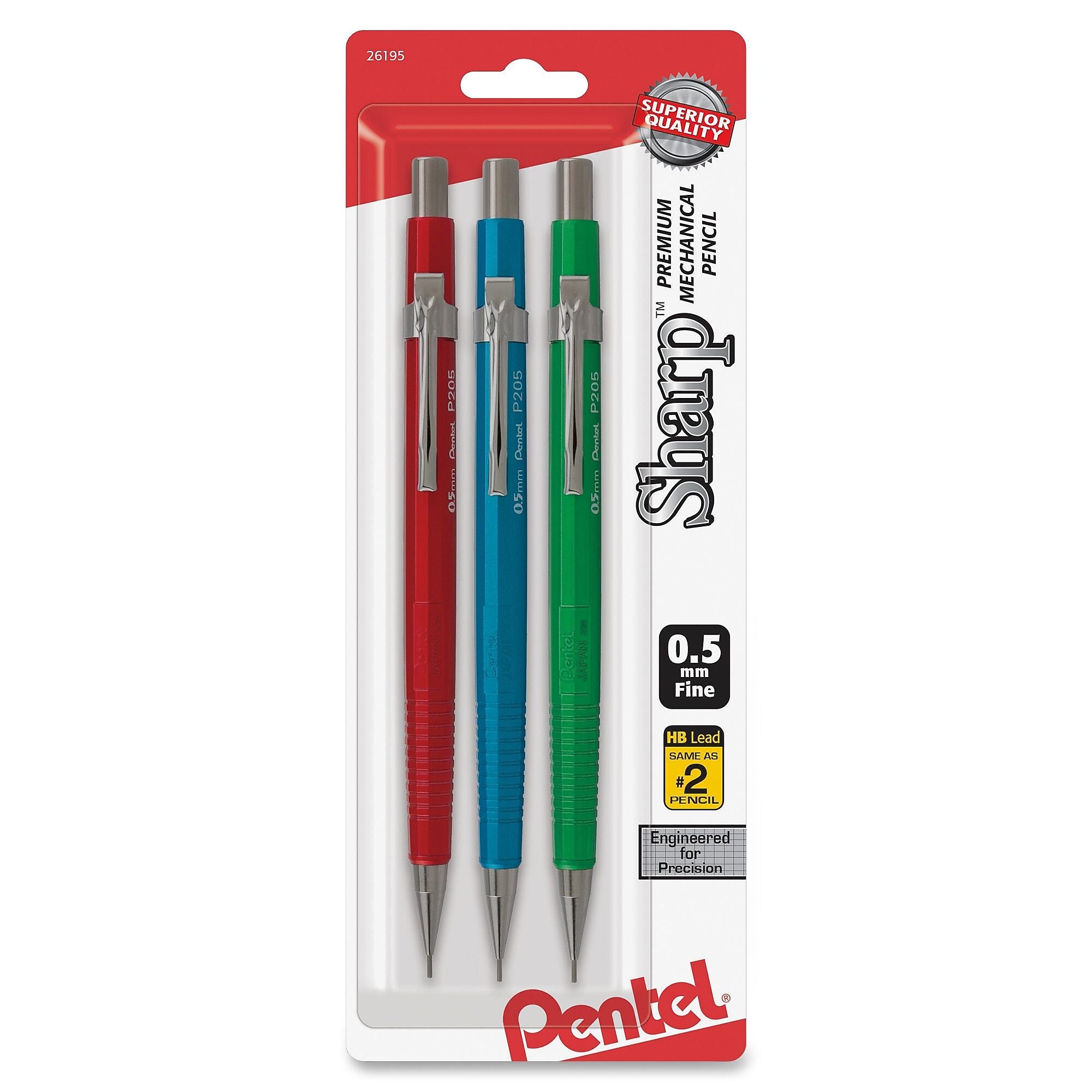 Pentel Sharp Mechanical Drafting Pencil, HB Lead Degree, 5 mm Lead Dia, Refillable, Assorted Barrel, 3/Pack