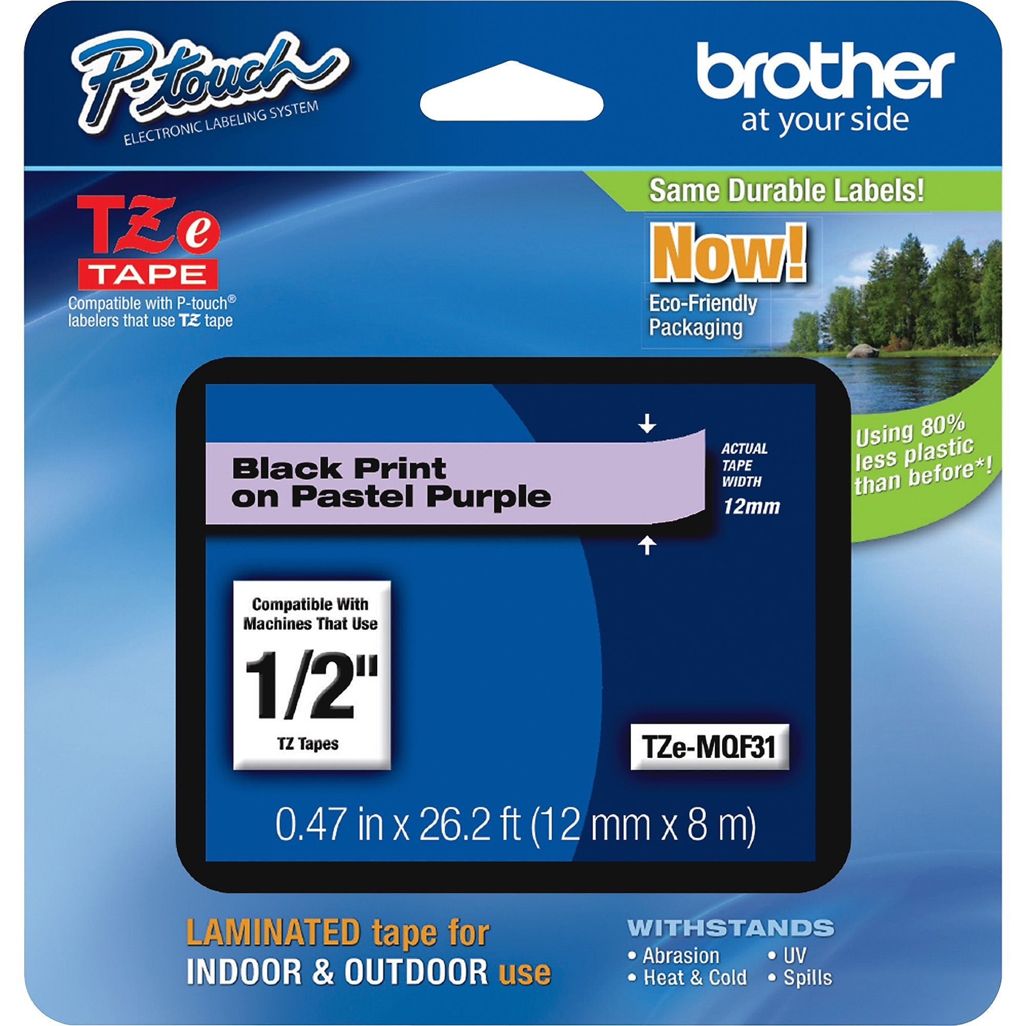 Brother TZe Laminated Label Maker Tape, 0.5" x 26.25', Black on Pastel Purple (TZEMQF31)