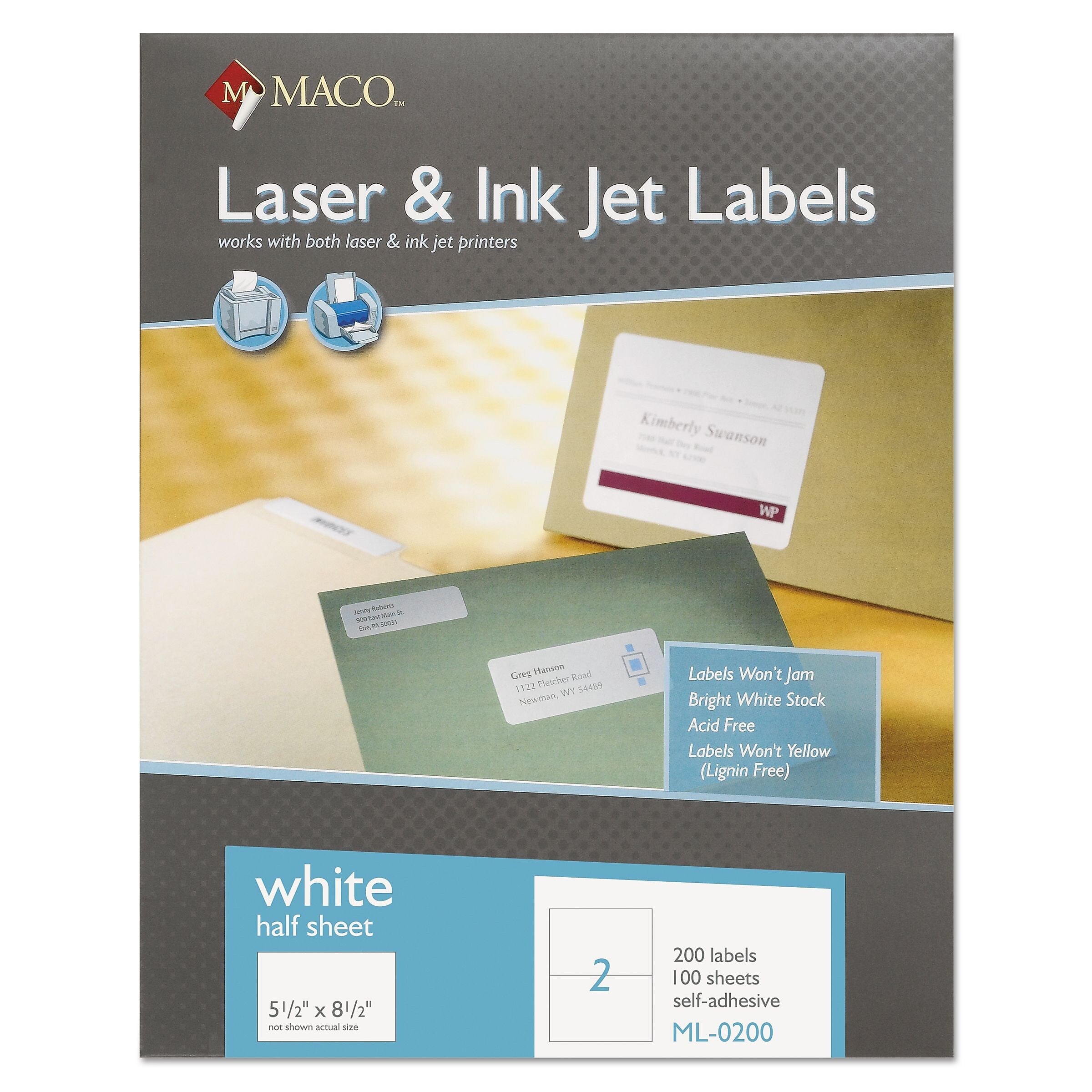 MACO® White Laser/Inkjet Internet Shipping Labels, 5 1/2 x 8 1/2, 200/Box (ML0200)