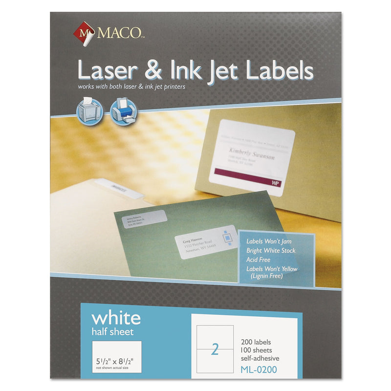 MACO® White Laser/Inkjet Internet Shipping Labels, 5 1/2 x 8 1/2, 200/Box (ML0200)
