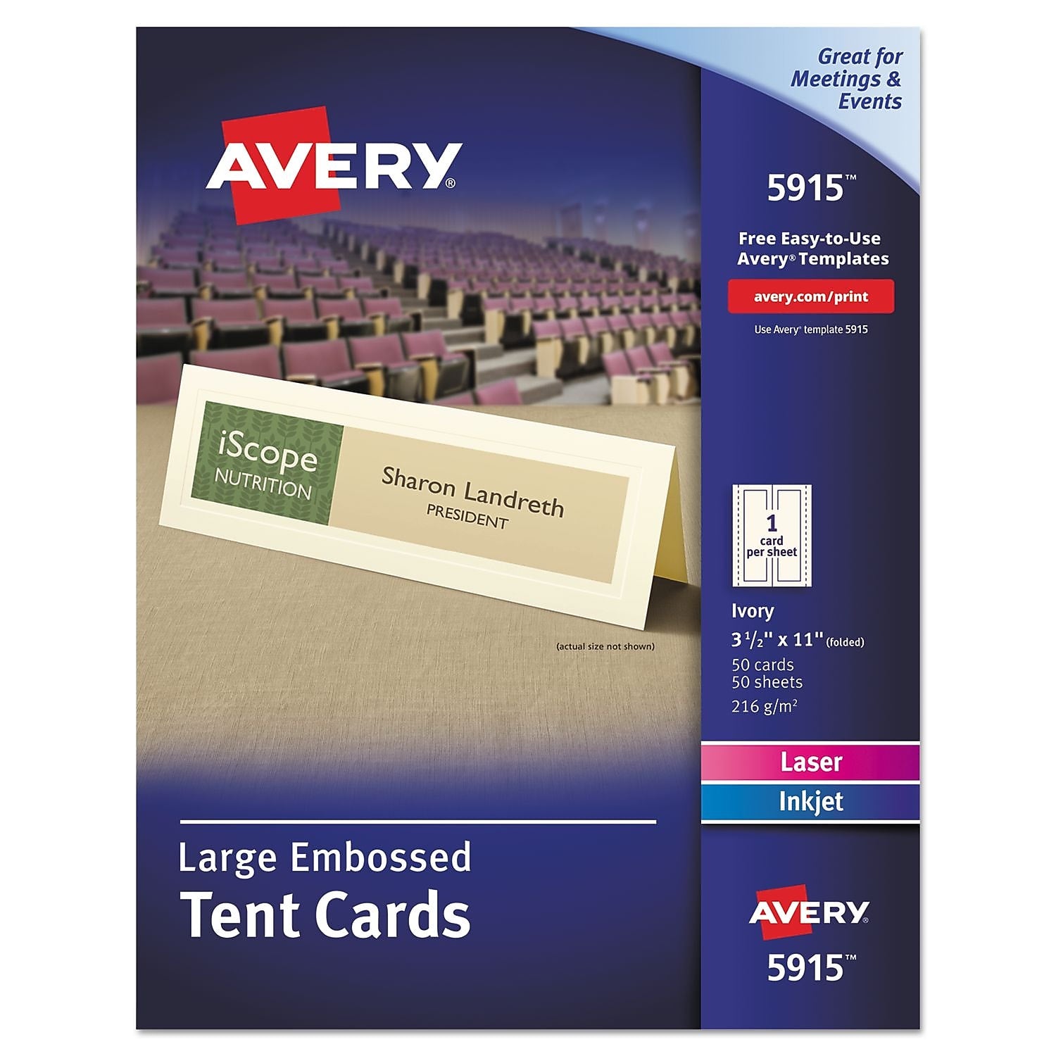 Avery Large Embossed Tent Cards, 3.5" x 11", Ivory, 1 Card/Sheet, 50/Pack (AVE5915)