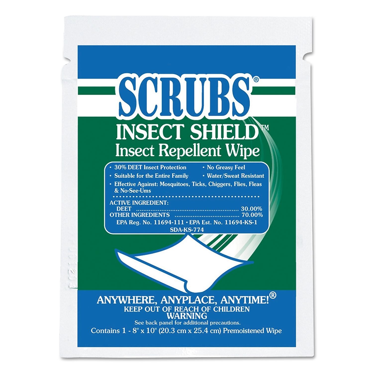 Scrubs Insect Shield Insect Repellent Wipes, 8 X 10, White, 100/carton