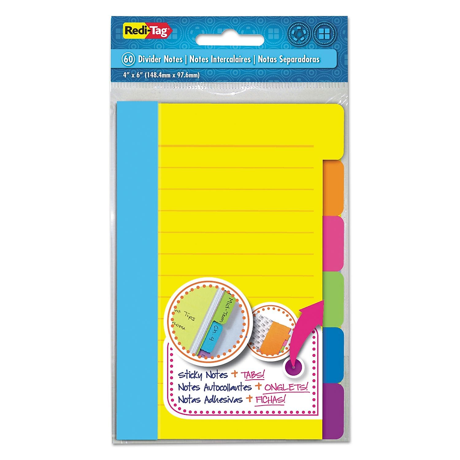 Redi-Tag Divider Sticky Notes With Tabs, Assorted Colors, 60 Sheets/set, 3 Sets/PK (RTG10245)