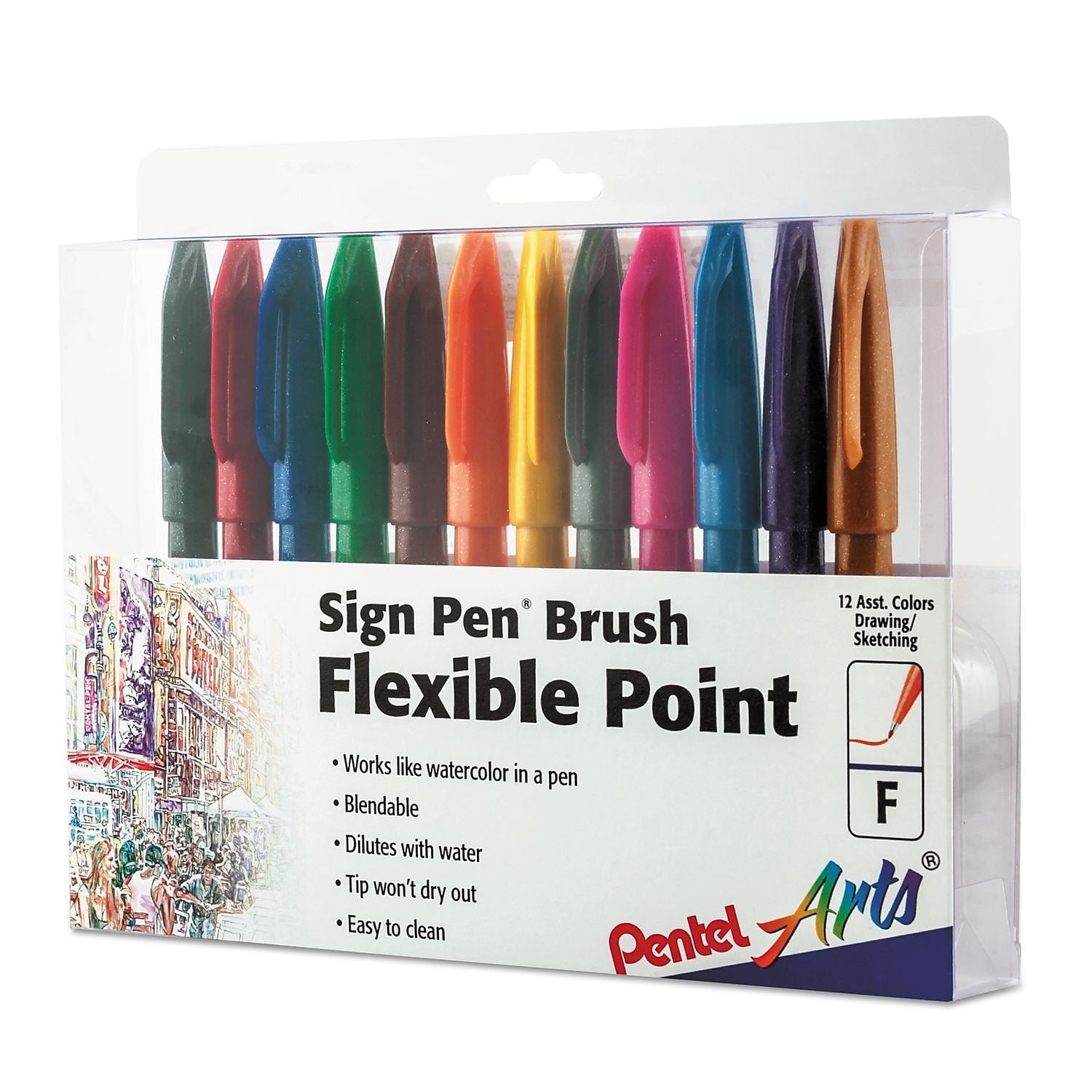 Pentel Sign Pen Brush Flexible Point Marker Pen, Assorted, 12/pack