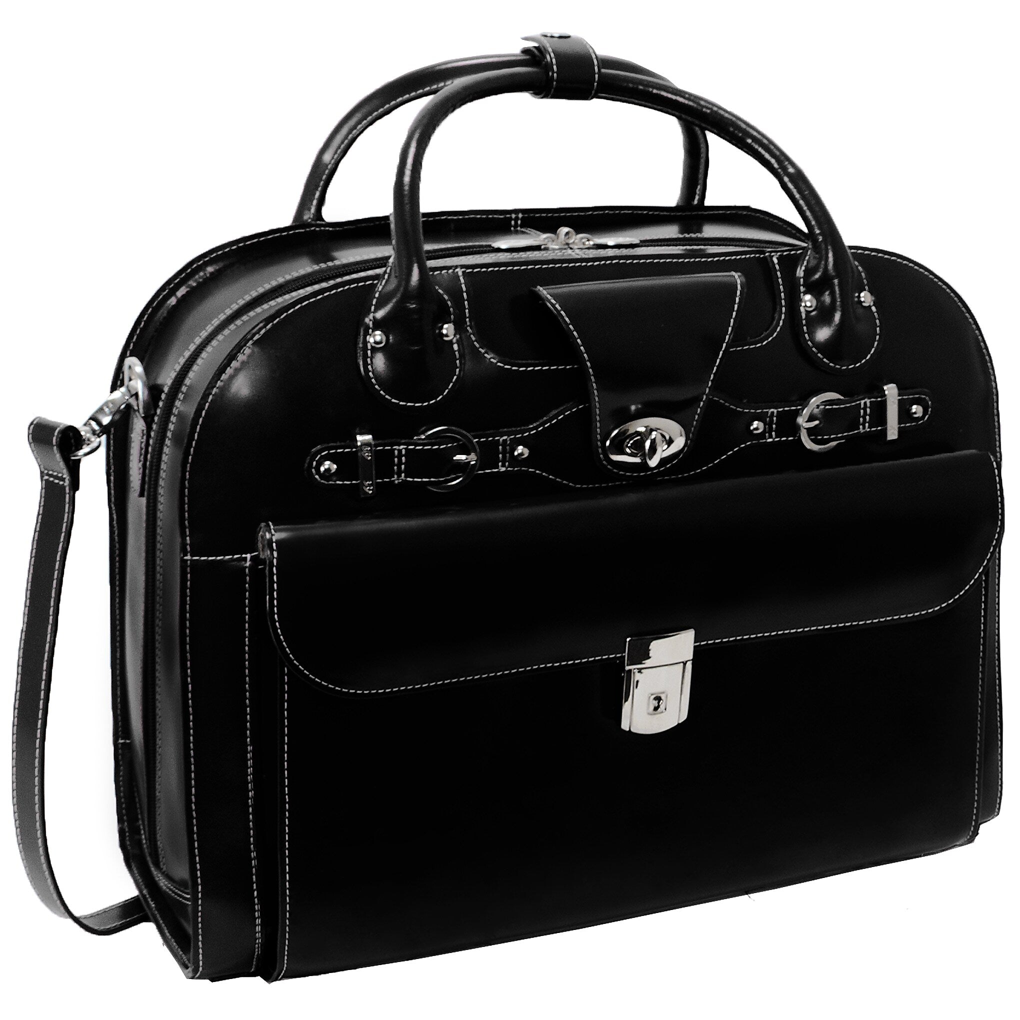 McKlein Roseville Leather Briefcase, Laptop Compatible, Rolling, TSA Checkpoint Friendly, Black (96645)