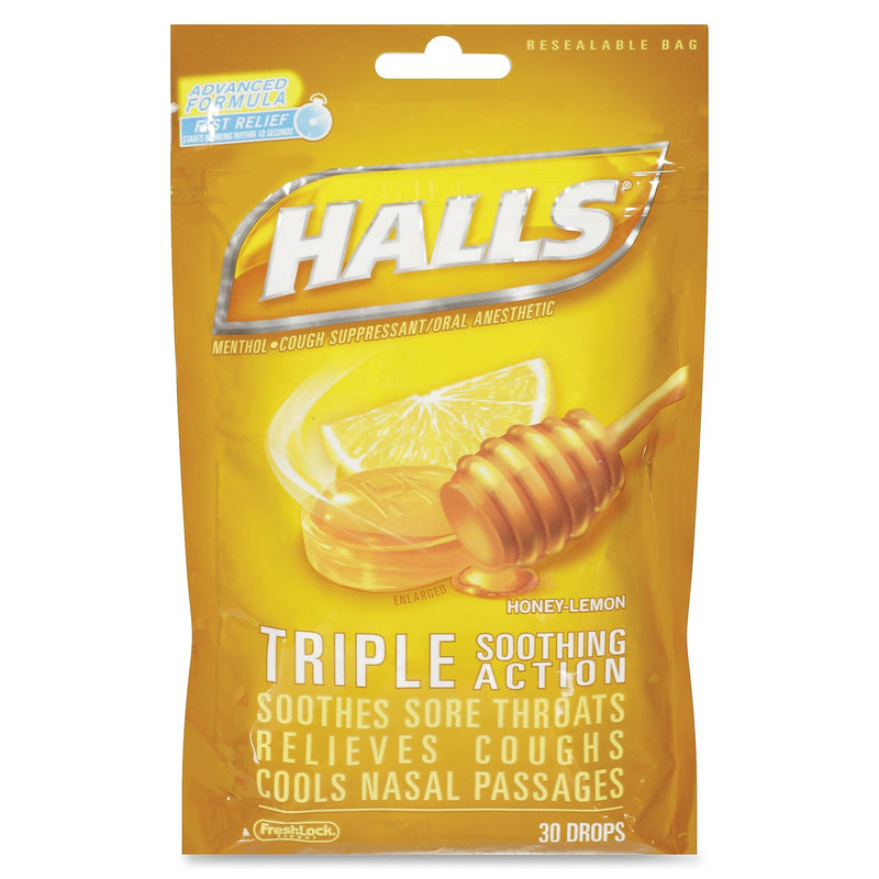 Halls Cough Reliever for Sore Throat, Cough, Nasal Congestion, Honey Lemon, 30 Drops/Bag, 12 Bags/Box