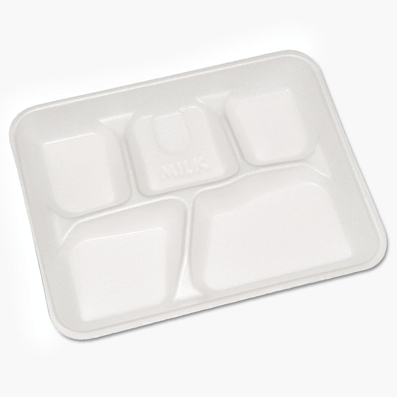 Pactiv Lightweight Foam School Trays, White, 5-Compartment, 8 1/4 X 10 1/2, 500/carton