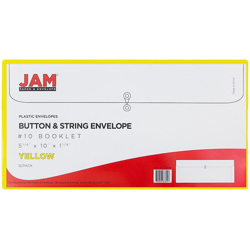 JAM Paper® Plastic Envelopes with Button and String Tie Closure, #10 Business Booklet, 5.25 x 10, Yellow, 12/Pack (921B1YE)