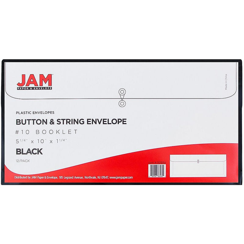 JAM Paper® Plastic Envelopes with Button and String Tie Closure, #10 Business Booklet, 5.25 x 10, Black, 12/Pack (921B1BL)