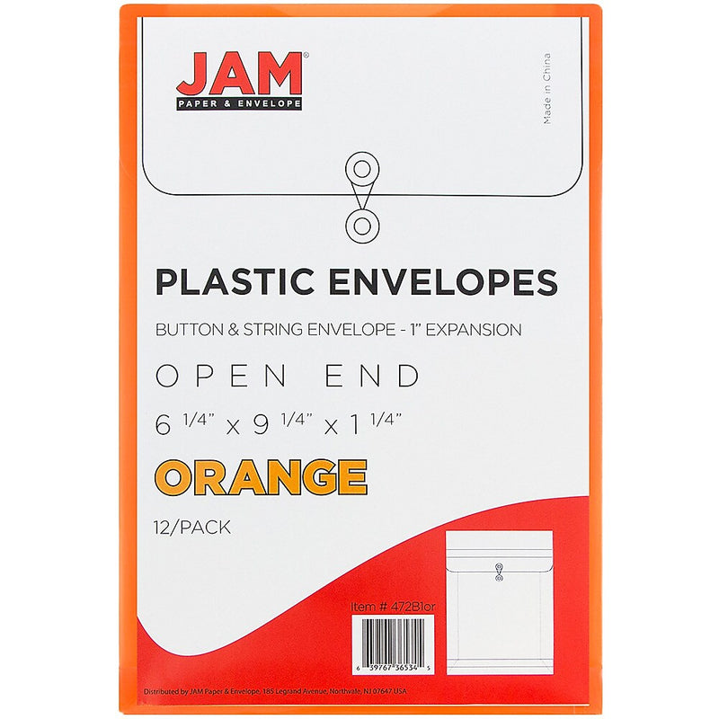 JAM Paper Plastic Filing Envelope with Button & String Closure, Bright Orange, 12/Pack (472B1OR)