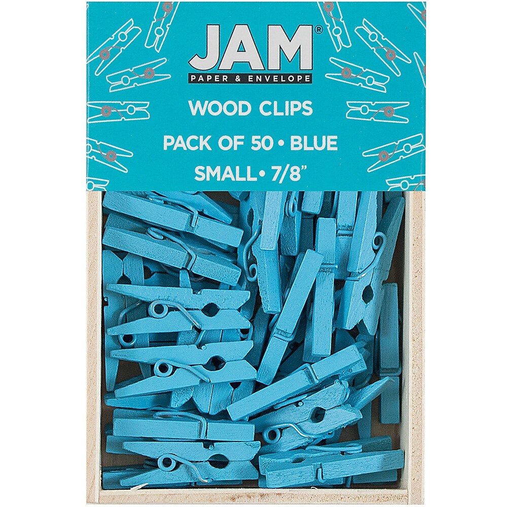 JAM Paper® Wood Clip Clothespins, Small 7/8 Inch, Blue Clothes Pins, 2 Packs of 50 (2230717361A)
