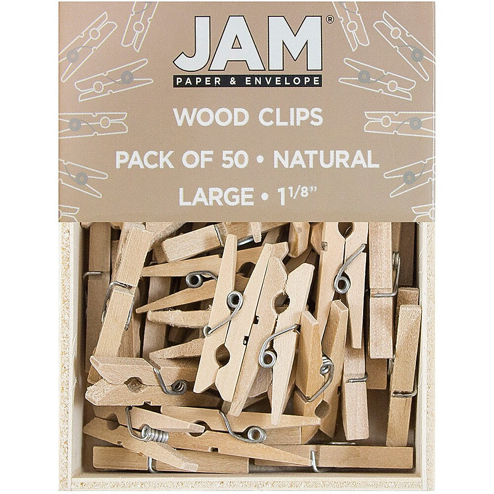 JAM Paper® Wood Clip Clothespins, Medium 1 1/8 Inch, Natural Brown Clothes Pins, 2 Packs of 50 (2230719108A)