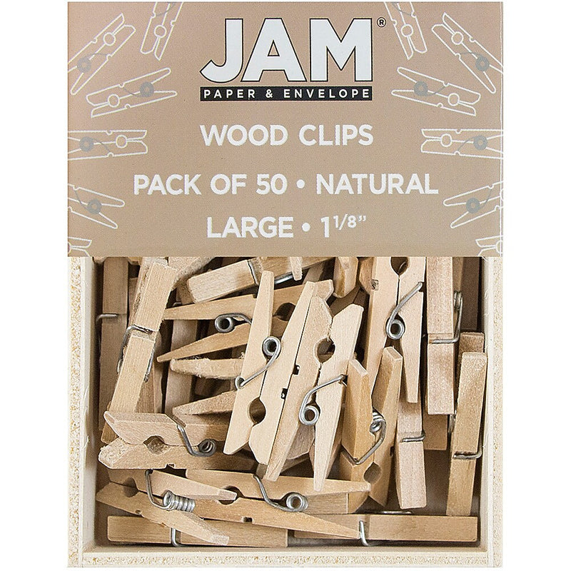JAM Paper® Wood Clip Clothespins, Medium 1 1/8 Inch, Natural Brown Clothes Pins, 2 Packs of 50 (2230719108A)