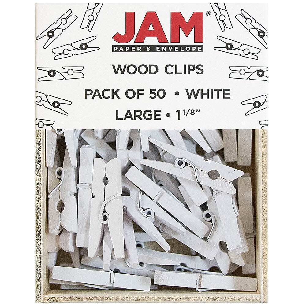 JAM Paper Wood Clip Medium Wood Clothespins, White Clothes Pins, 2 Packs of 50 (2230719109A)