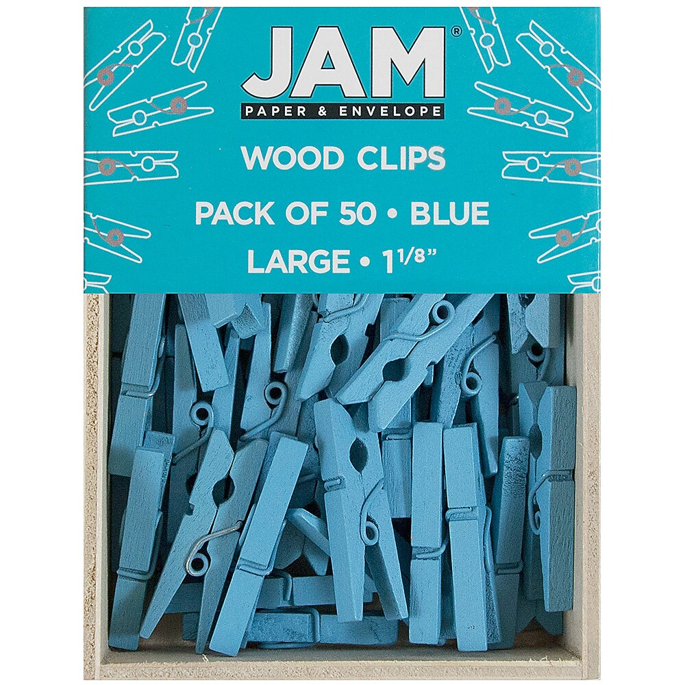 JAM Paper® Wood Clip Clothespins, Medium 1 1/8 Inch, Blue Clothes Pins, 2 Packs of 50 (230726776A)