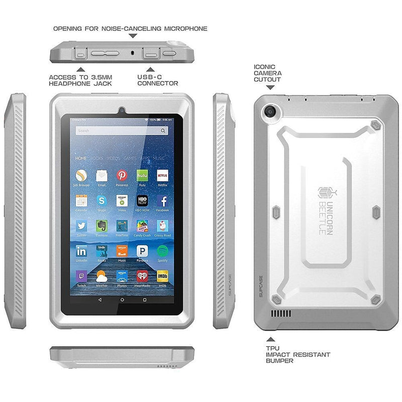 SUPCASECase Unicorn Beetle Pro Series Rugged Case with Screen Protector for Amazon Fire 7 5th Gen, White (S-FIRE7-UBP-WH)