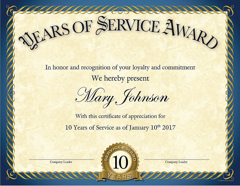 Great Papers Years of Service Certificates, 8.5" x 11", 20/Pack (2015113)