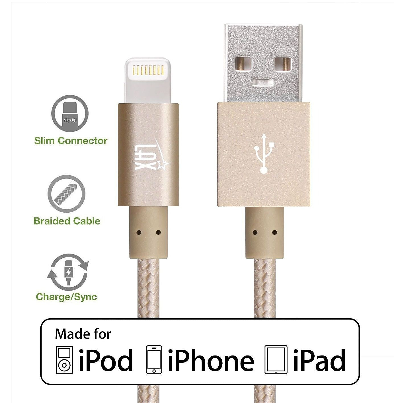 LAX Apple MFi Certified Lightning to USB Cable for Charge Sync 6ft, Gold