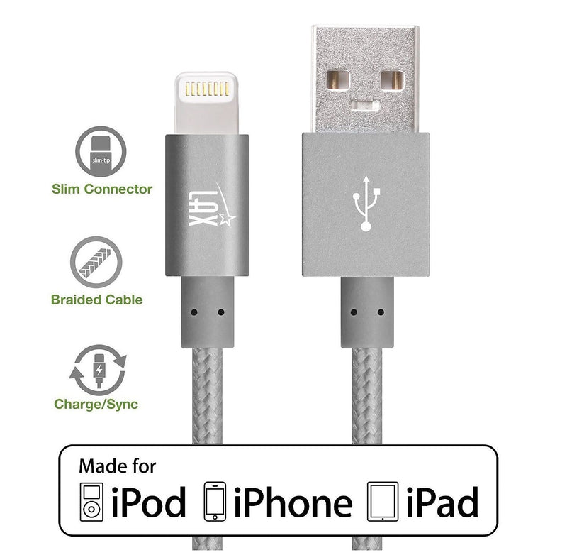 LAX Apple MFi Certified Lightning to USB Cable for Charge Sync 6ft, Gray