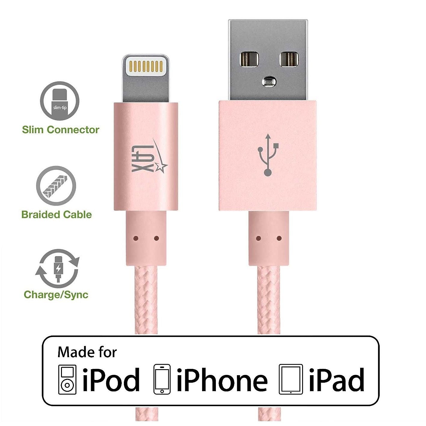 LAX Apple MFI Certified 4 Feet Strong Braided Lightning USB Data Synch Charging Cable, Rose Gold