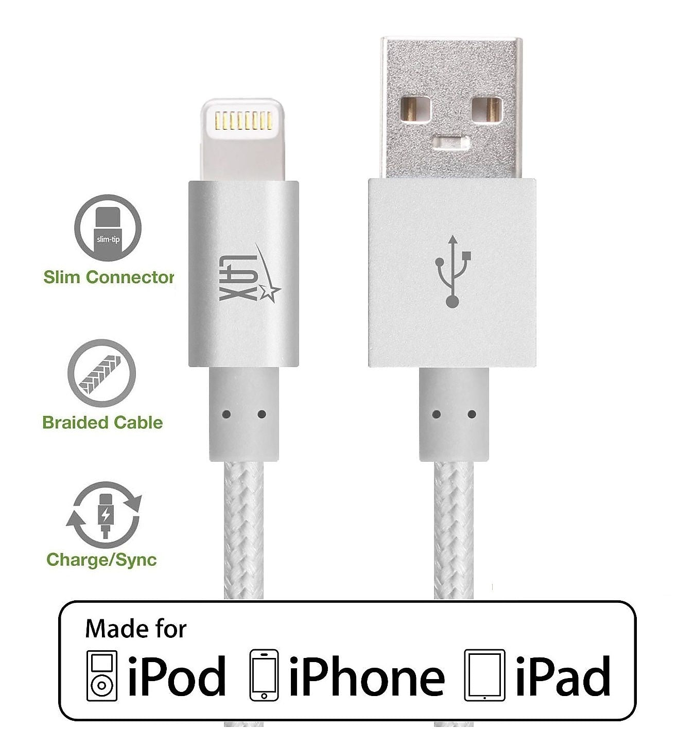 LAX Apple MFi Certified Lightning to USB Cable for Charge Sync 6ft, Silver