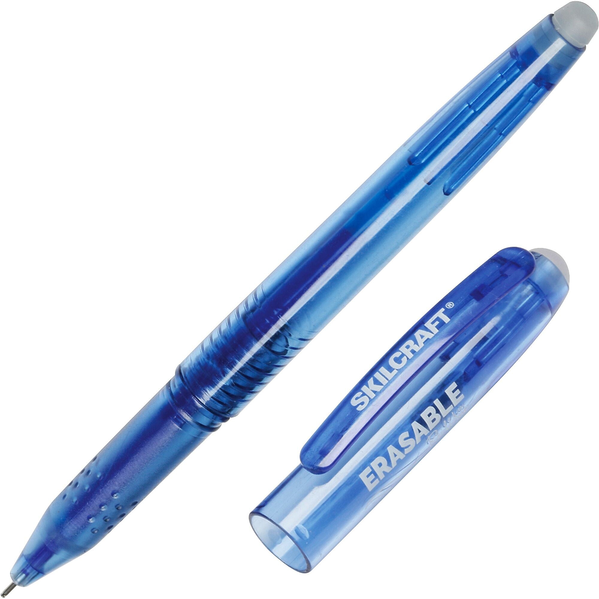AbilityOne SKILCRAFT Erasable Stick Pen, 0.7 mm Point Size, Blue Gel, based Ink, Translucent Barrel, Dozen
