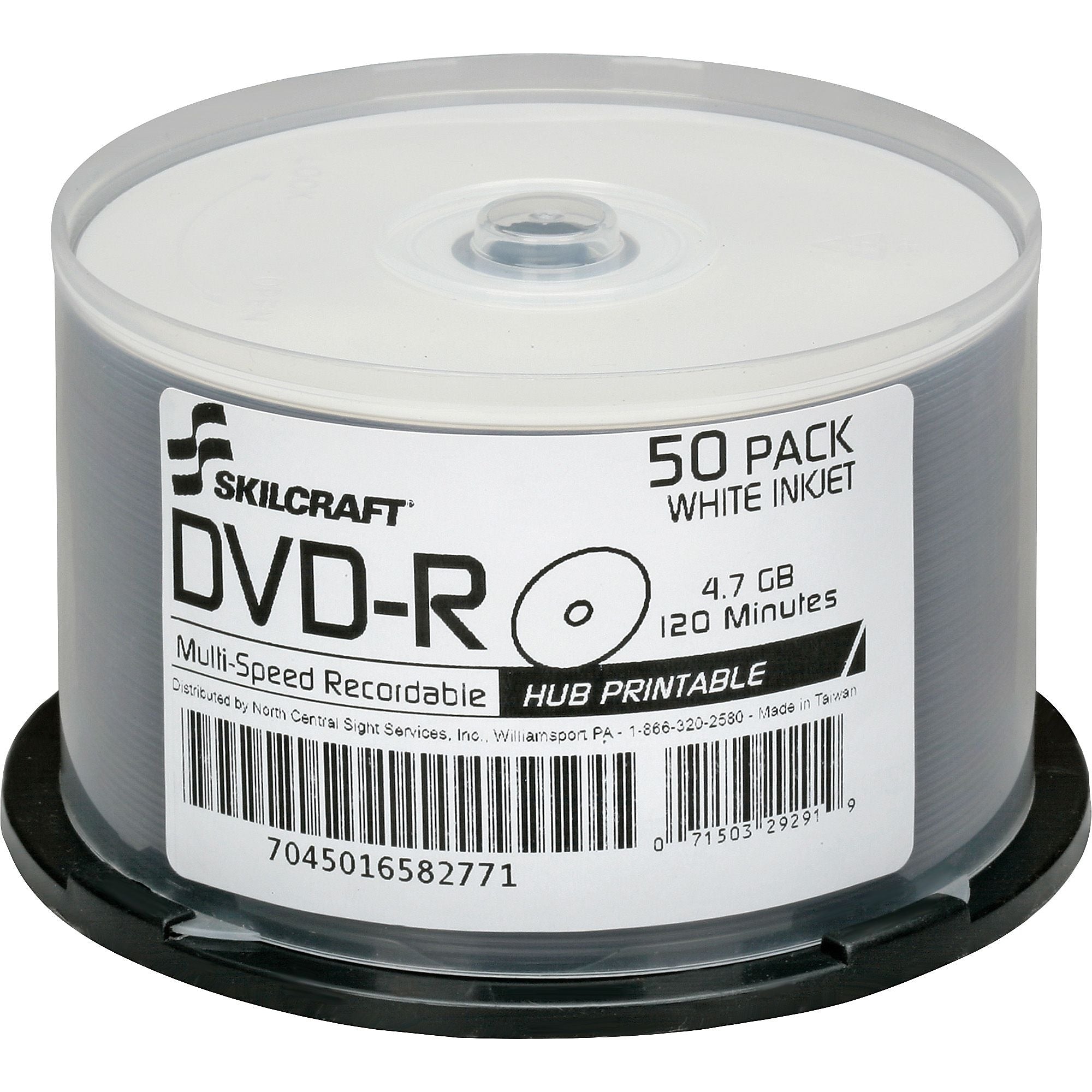 AbilityOne SKILCRAFT DVD Recordable Media, DVD, R, 16x, 4.70 GB, 120mm, Inkjet Printable, 2 Hour Maximum Recording Time, 50 Pk