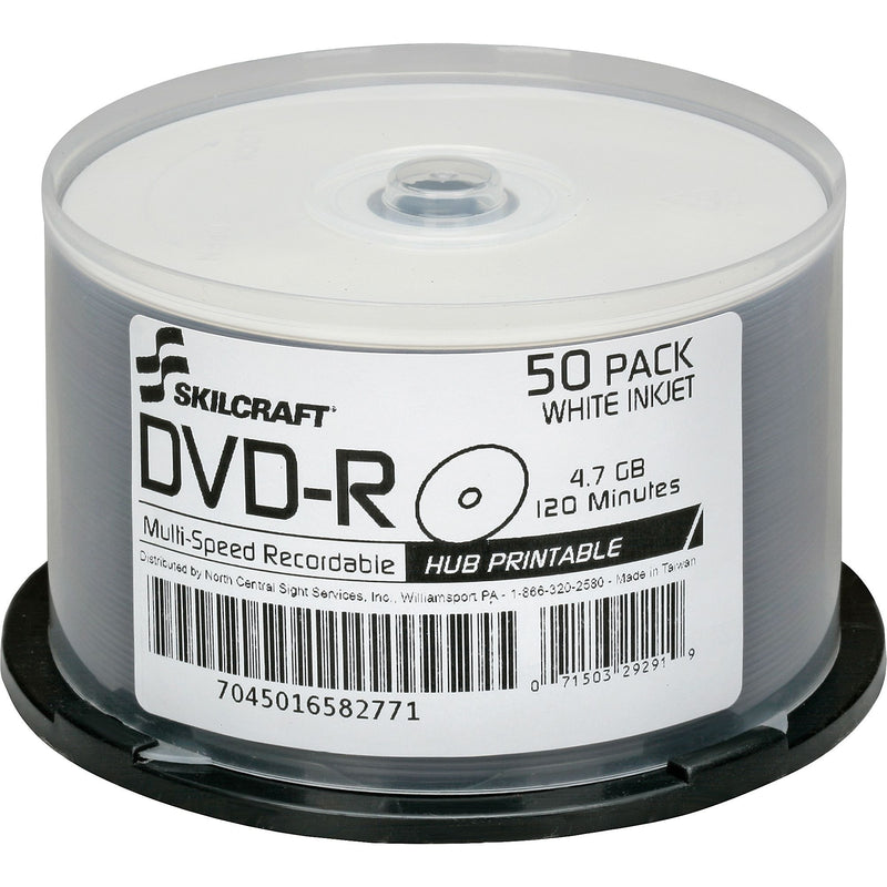 AbilityOne SKILCRAFT DVD Recordable Media, DVD, R, 16x, 4.70 GB, 120mm, Inkjet Printable, 2 Hour Maximum Recording Time, 50 Pk