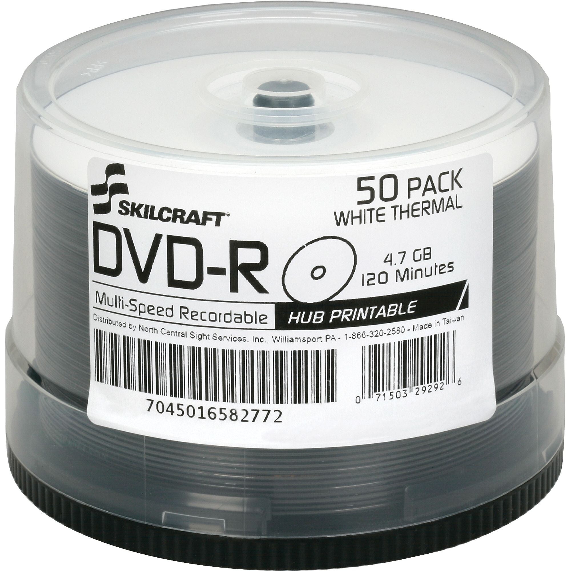 AbilityOne SKILCRAFT DVD Recordable Media, DVD, R, 16x, 4.70 GB, 120mm, Laser Printable, 2 Hour Maximum Recording Time, 50 Pack