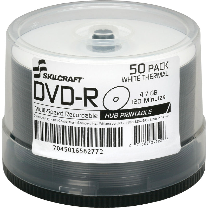 AbilityOne SKILCRAFT DVD Recordable Media, DVD, R, 16x, 4.70 GB, 120mm, Laser Printable, 2 Hour Maximum Recording Time, 50 Pack