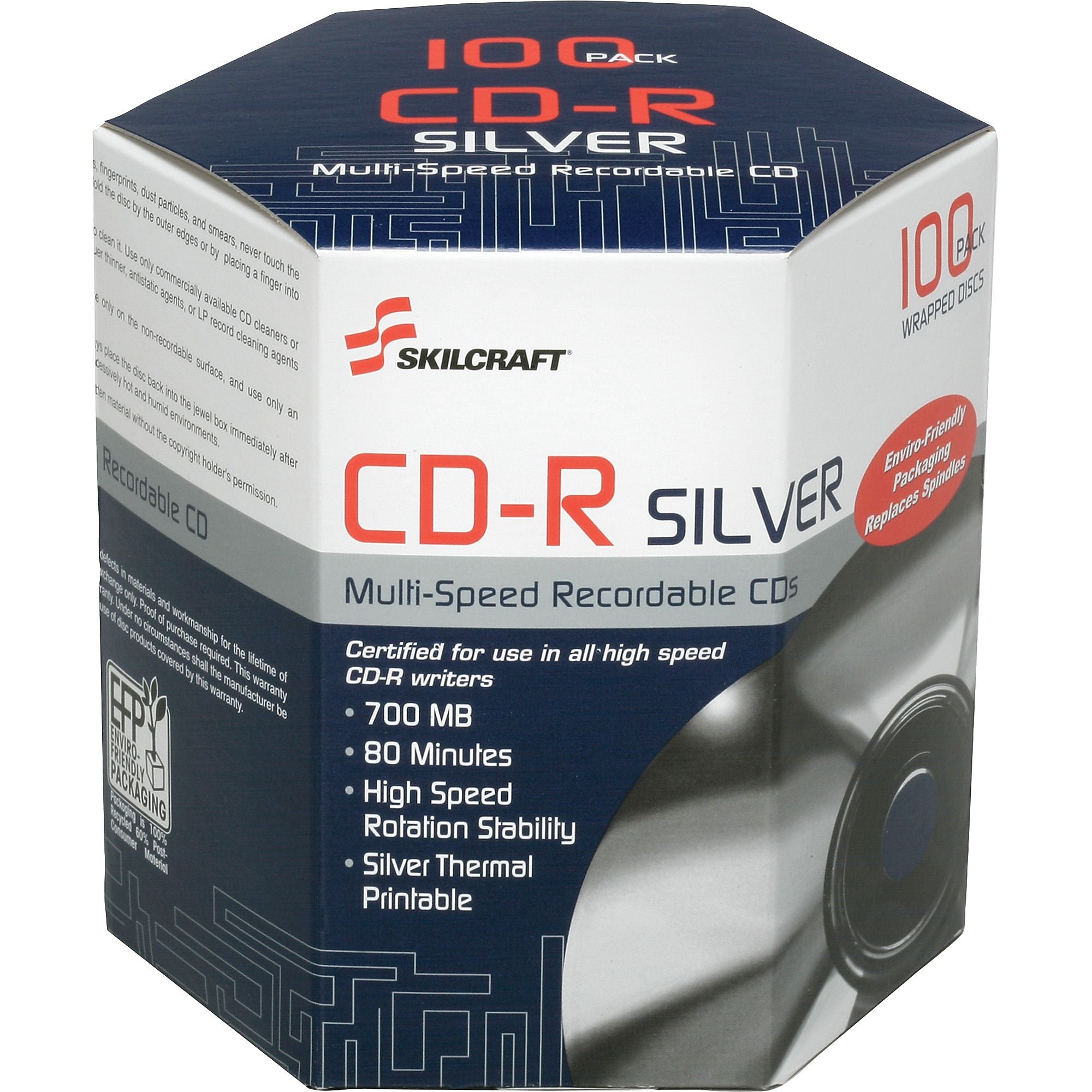 AbilityOne SKILCRAFT CD Recordable Media, CD, R, 52x, 700 MB, 120mm, Thermal Printable, 1.33 Hr Maximum Recording Time, 100 Pk