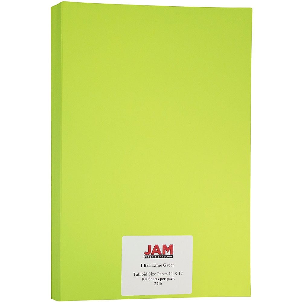 JAM Paper Matte Colored 11" x 17" Copy Paper, 24 lbs., Ultra Lime Green, 100 Sheets/Pack (16728460)