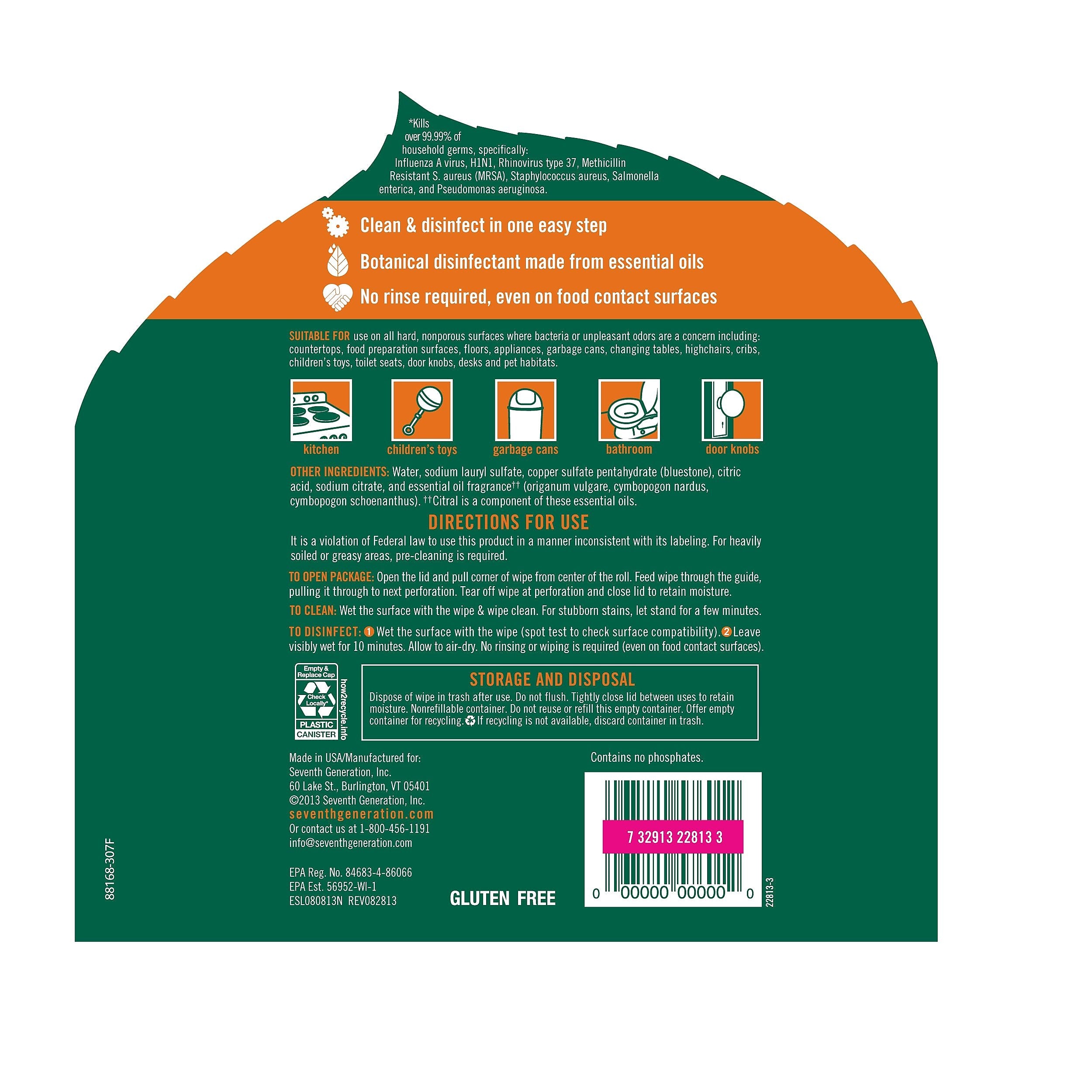 Seventh Generation Disinfecting Wipes, 70 Wipes/Container, 6/Carton (SEV22813CT)