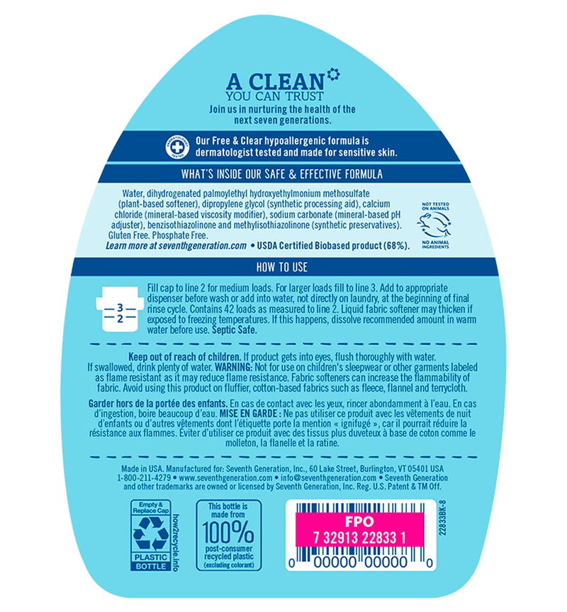 Seventh Generation Fabric Softener, Unscented, 42 Loads, 32 oz., 6/Carton (SEV22833)